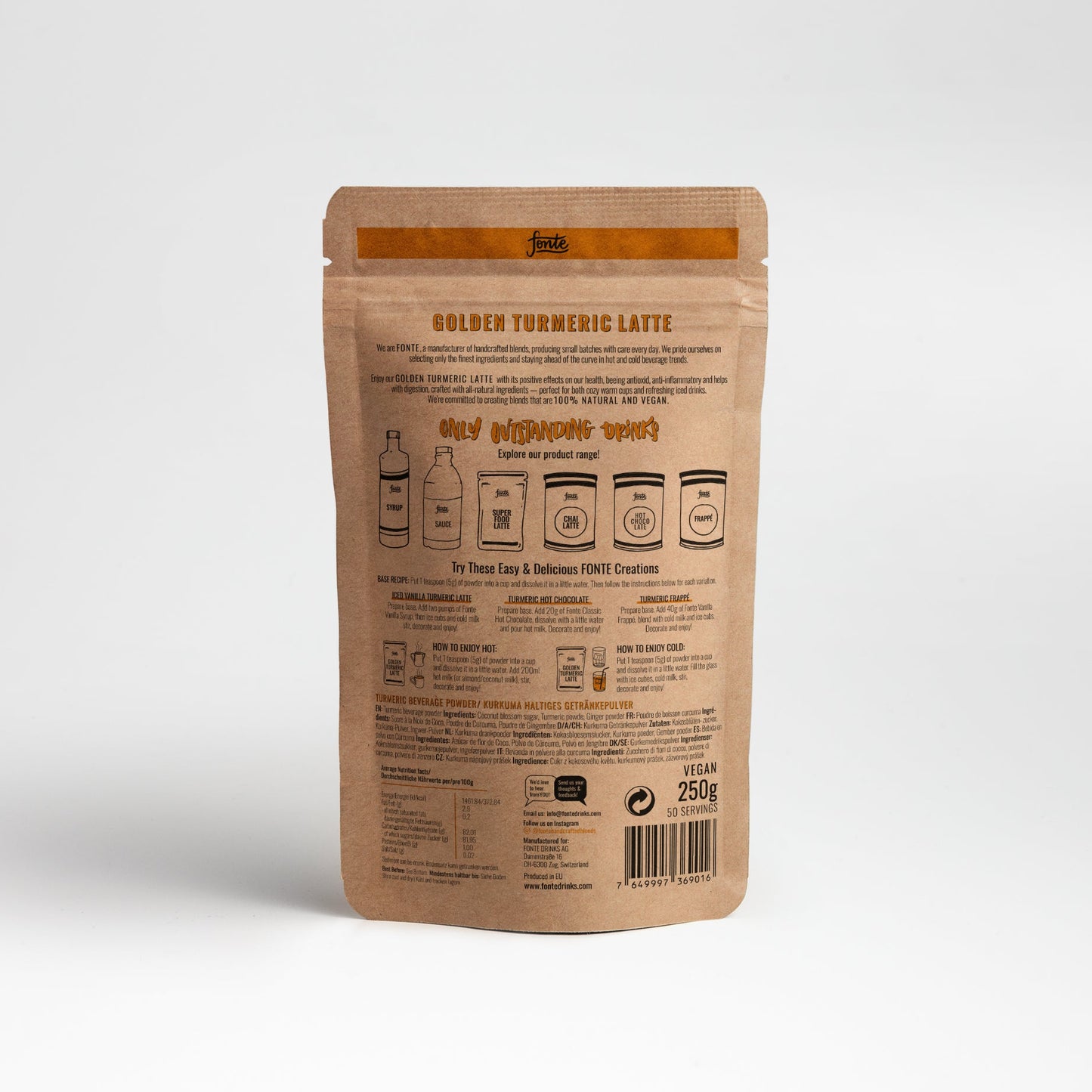 Fonte Golden Turmeric Latte 250 g, Rückseite Packung