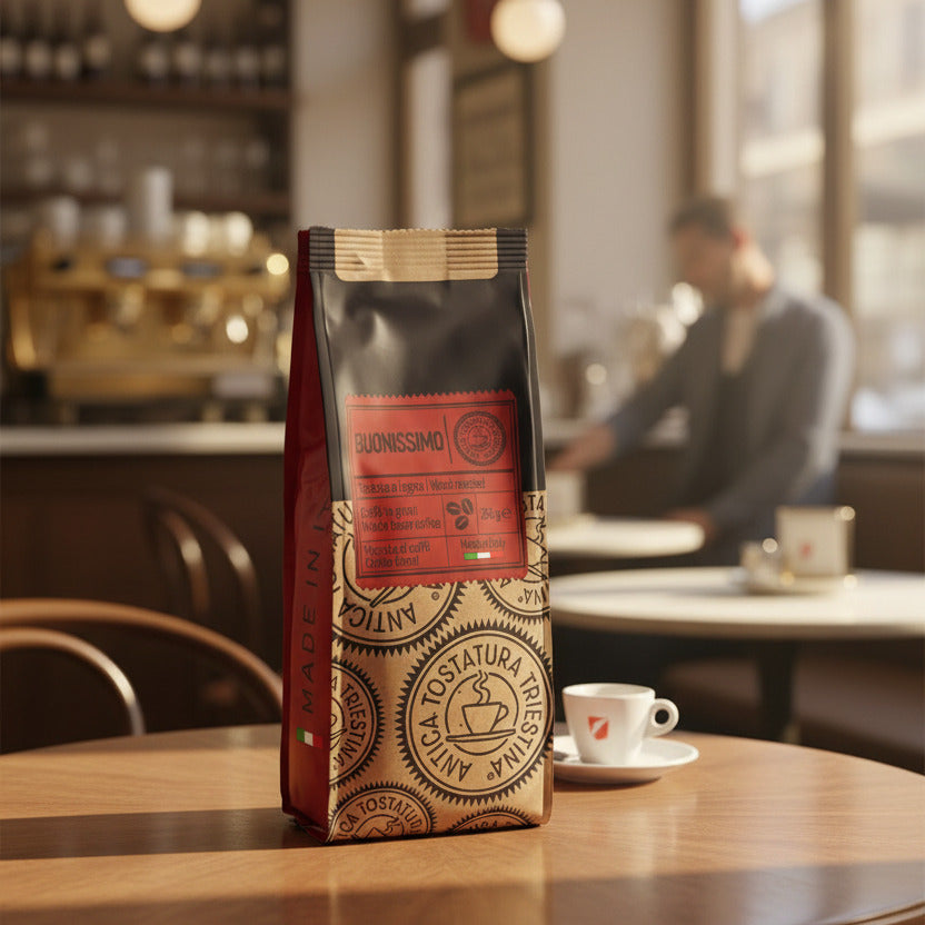 ATT Café Buonissimo Beans 250g Kaffeebeutel auf einem Café-Tisch