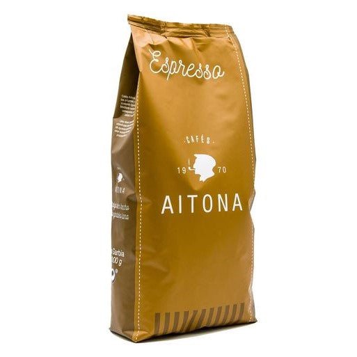 Aitona BLEND N° 8 ESPRESSO NATURAL 1 kg Beans Bronzener Beutel auf weißem Hintergrund
