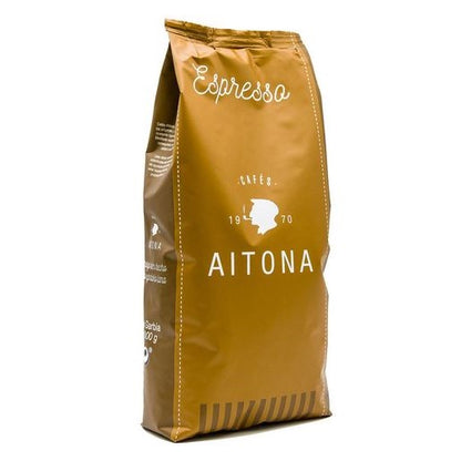 Aitona BLEND N° 8 ESPRESSO NATURAL 1 kg Beans Bronzener Beutel auf weißem Hintergrund