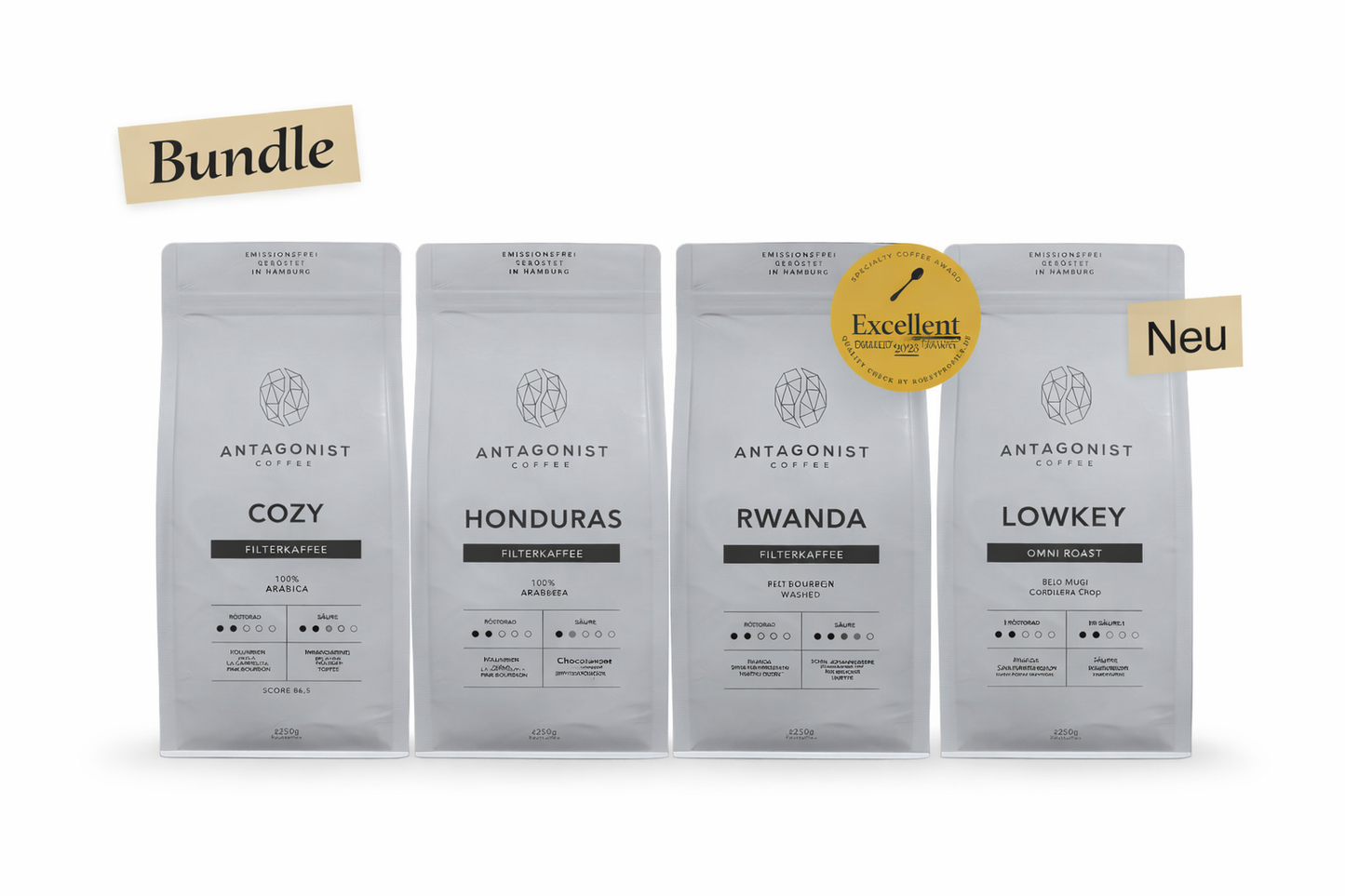 Antagonist Coffee Probierpaket Filterkaffee 4 x 250g, 4 Kaffeesorten gemischt - Schokoladig bis Fruchtig