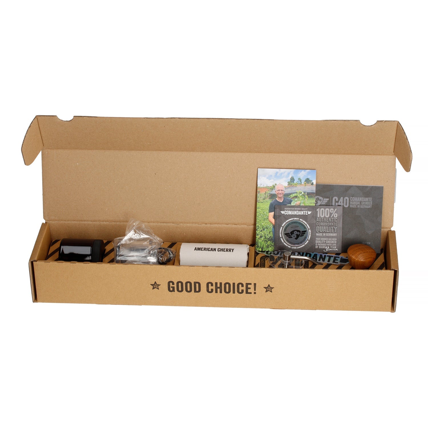 Comandante Kaffeemühle C40 MK4 Nitro Blade | Premium Wood - American Cherry verpackung und Lieferumfang