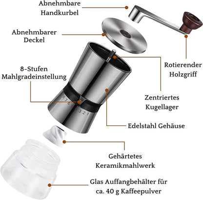 Handkaffeemühle mit Keramik-Mahlwerk und 8-Mahl-Stufen