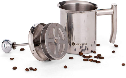 Manueller Hand-Milchaufschäumer aus Edelstahl mit Mesh-Sieb für cremigen Milchschaum - 400 ml