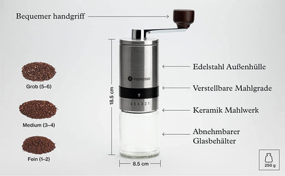 Manuelle Handkaffeemühle mit Keramik-Mahlwerk: Espressomühle mit 6-Stufen Mahlgradeinstellung