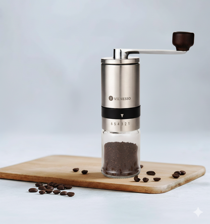 Manuelle Handkaffeemühle mit Keramik-Mahlwerk: Espressomühle mit 6-Stufen Mahlgradeinstellung