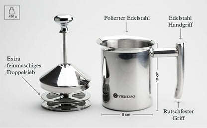Manueller Hand-Milchaufschäumer aus Edelstahl mit Mesh-Sieb für cremigen Milchschaum - 400 ml