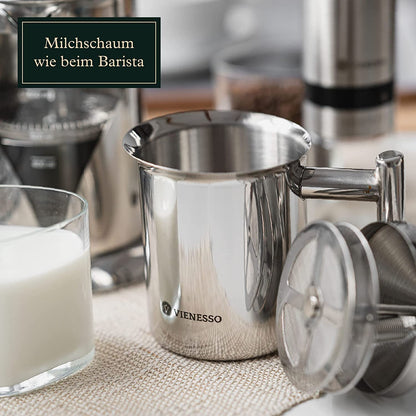 Manueller Hand-Milchaufschäumer aus Edelstahl mit Mesh-Sieb für cremigen Milchschaum - 400 ml