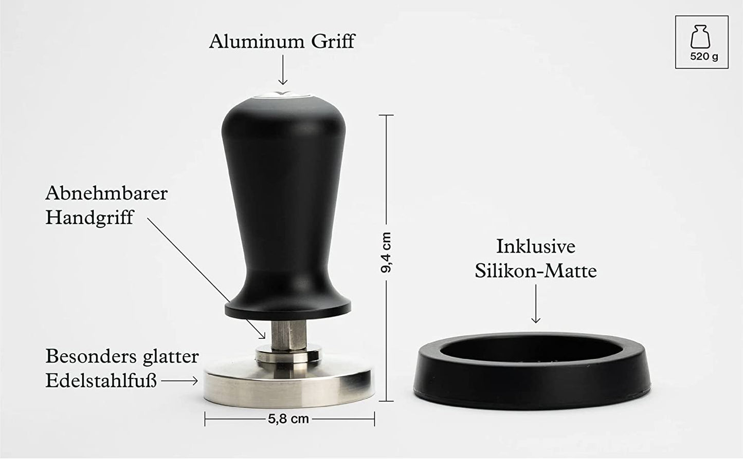 Tamper Set druckregulierend mit Anpressdruck von ca. 14kg durch integrierte Feder - 51 + 58 mm