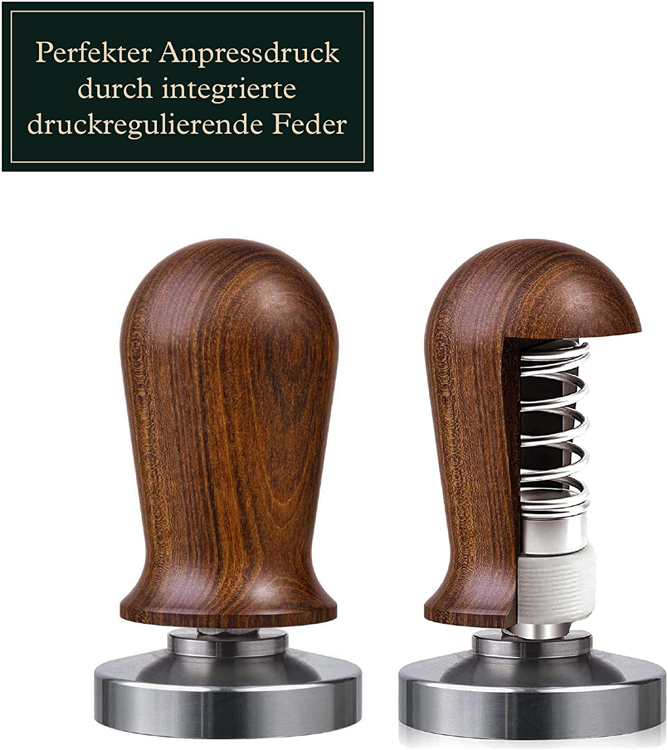Tamper Set druckregulierend mit Anpressdruck von ca. 14kg durch integrierte Feder - 51 + 58 mm