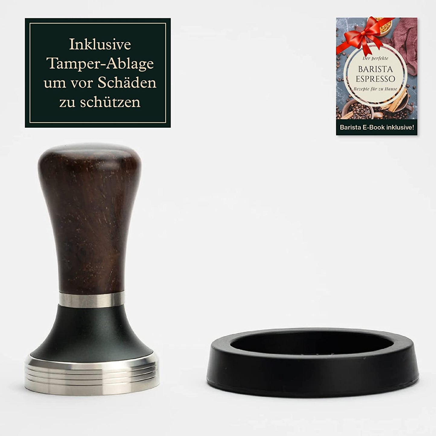 Tamper Set für Siebträger - Design Espresso-Stempel mit Holzgriff inkl. Ablage - 51 mm