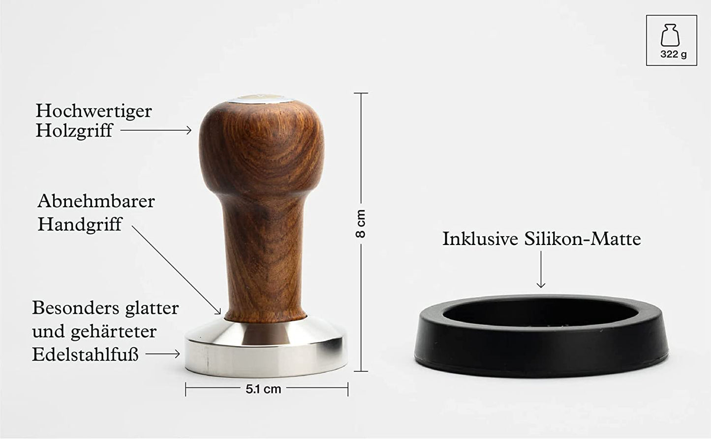 Tamper mit edlen Holzgriff - Espresso Stempel für den Barista inkl. Matte