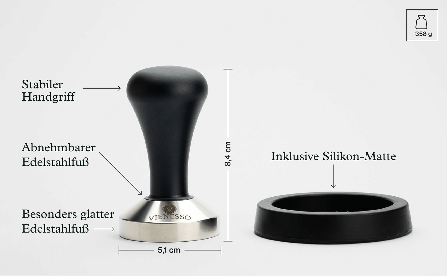 Tamper Set für den Barista - Espresso Stempel zum Andrücken aus Edelstahl und Druckguss-Griff inkl. Matte - 51 mm
