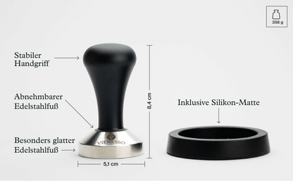 Tamper Set für den Barista - Espresso Stempel zum Andrücken aus Edelstahl und Druckguss-Griff inkl. Matte - 51 mm
