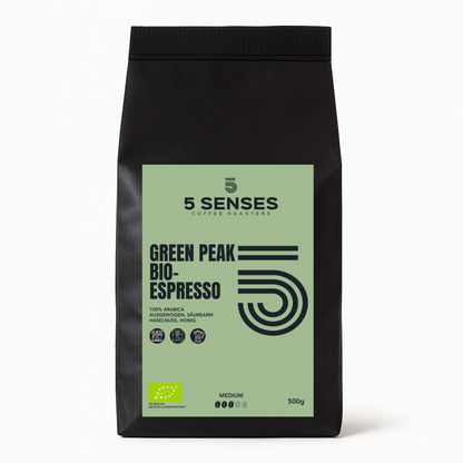 5 Senses Coffee Espresso Green Peak Bio – Arabica Espresso Bohnen aus Mexiko Chiapas (Medium Roast)